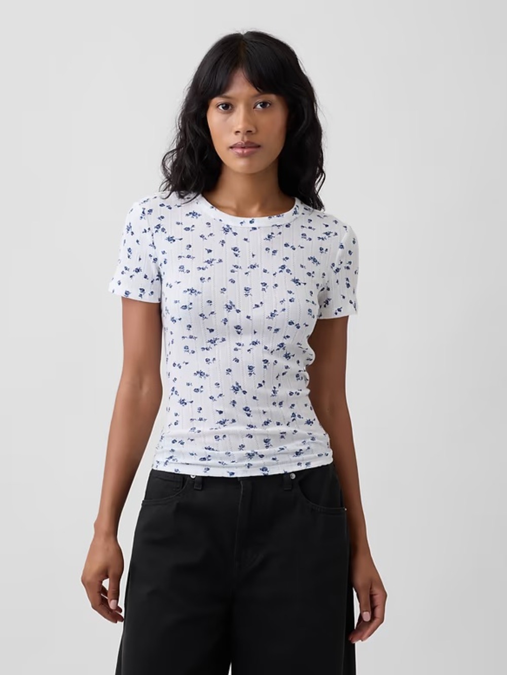 Essential Ribbed Pointelle Crewneck T-Shirt Size M